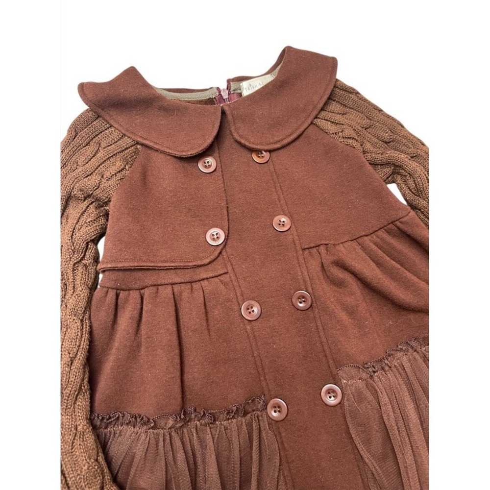 Trish Scully Girls Brown Sweater Coat Dress Size 3 Fleece‎ Lined Tulle Trim Cozy